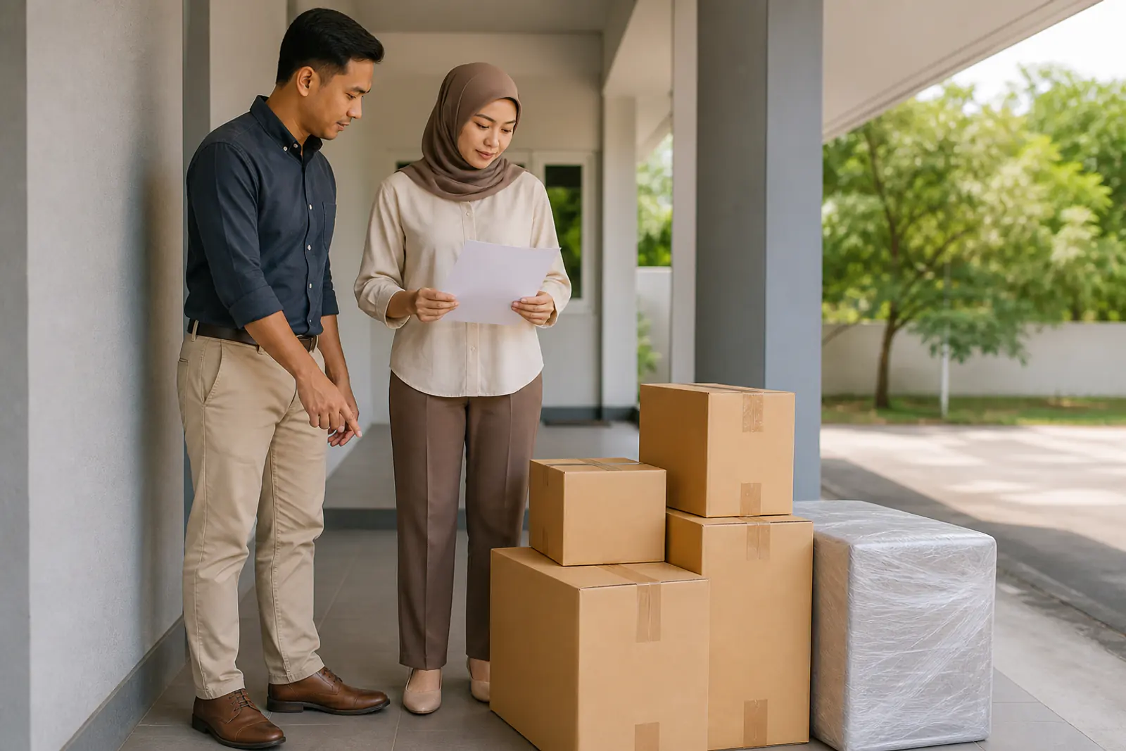 Penghantar dan penerima menyemak helaian serahan kosong di sisi barang